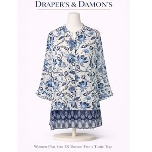 Drapers & Damon Womens Plus 3X Blue Floral Paisley Button Front Tunic Top Blouse